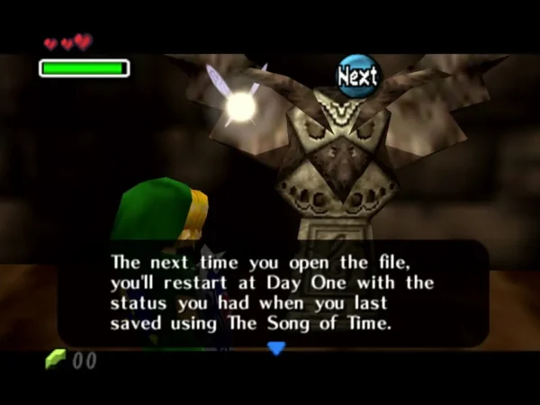 Link beside an Owl Statue as the box says he will restart at Day One with the status from his last Song of Time save Link beside an Owl Statue as the box says he will restart at Day One with the status from his last Song of Time save