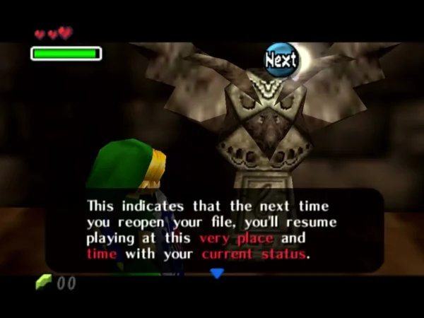 Link at an Owl Statue as the box says he will resume at this very place and time next time he opens his file Link at an Owl Statue as the box says he will resume at this very place and time next time he opens his file
