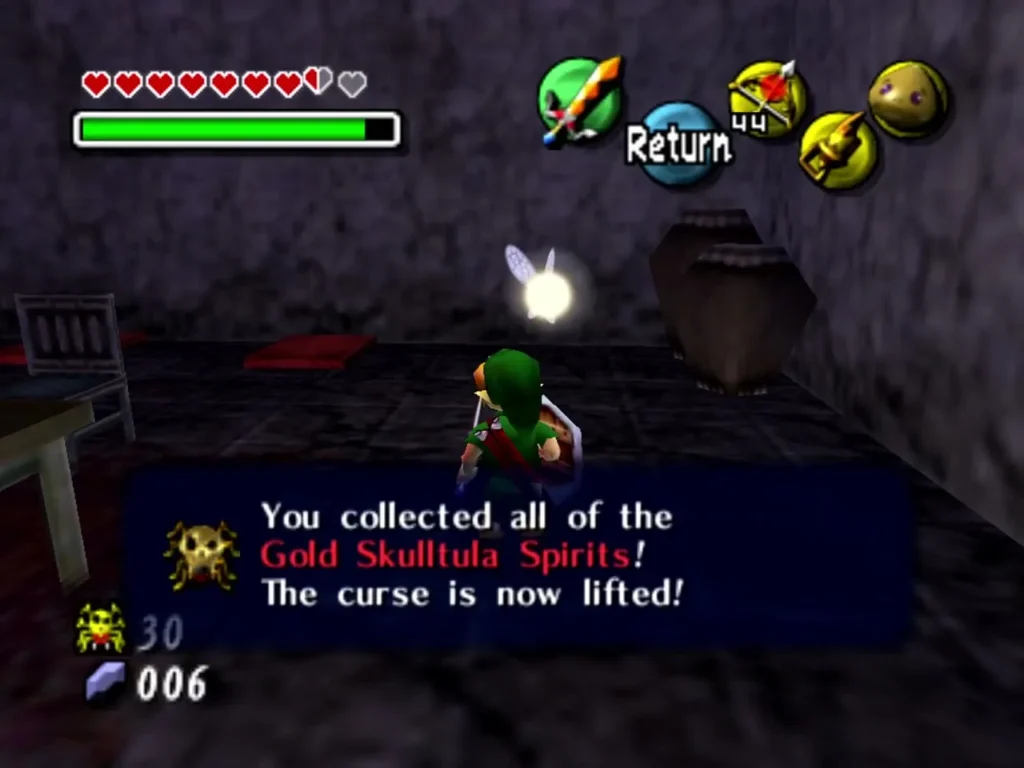 Link in the Oceanside Spider House as the box says he collected all the Gold Skulltula Spirits and the curse is lifted Link in the Oceanside Spider House as the box says he collected all the Gold Skulltula Spirits and the curse is lifted
