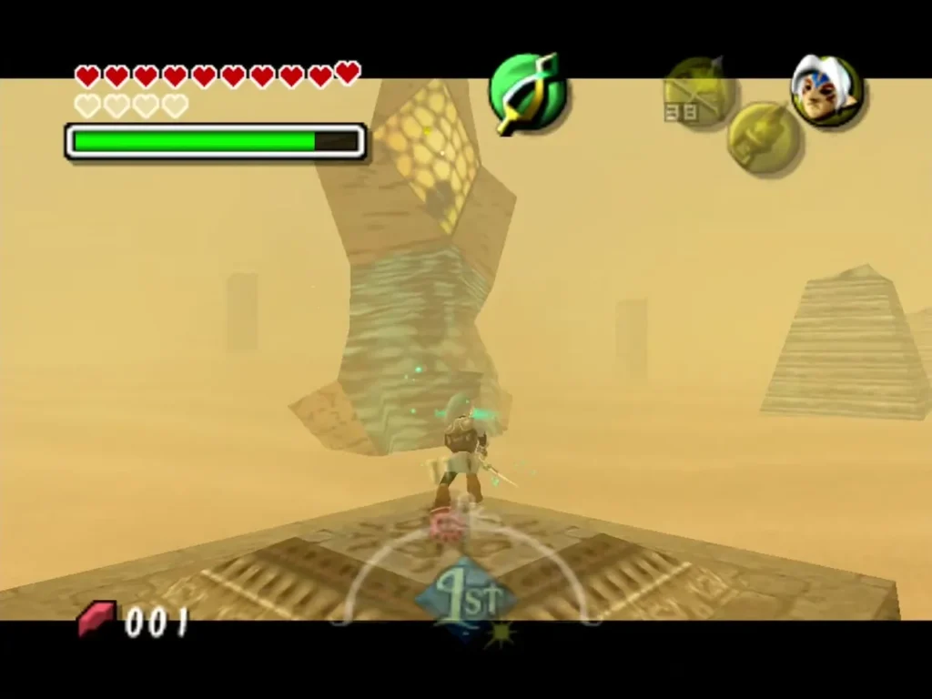 Giant's Mask Link on a stone dais in the sandstorm as Twinmold's striped body rises behind him Giant's Mask Link on a stone dais in the sandstorm as Twinmold's striped body rises behind him