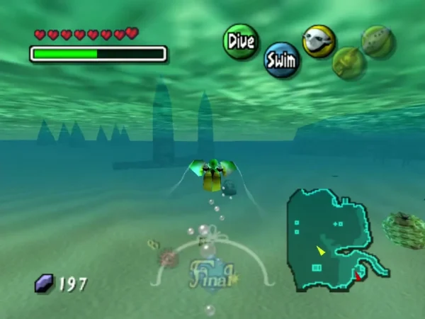 Zora Link swims across the sea floor off Great Bay with the Dive and Swim buttons shown and the magic meter beside the hearts Zora Link swims across the sea floor off Great Bay with the Dive and Swim buttons shown and the magic meter beside the hearts