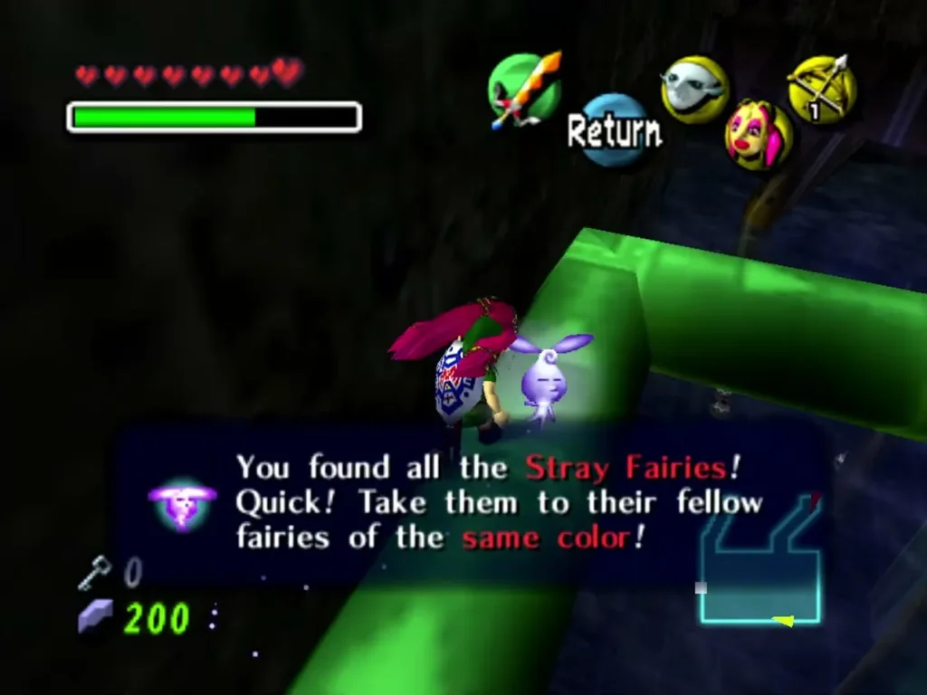 Notice box saying all the Stray Fairies are found, with Link on a green pipe Notice box saying all the Stray Fairies are found, with Link on a green pipe