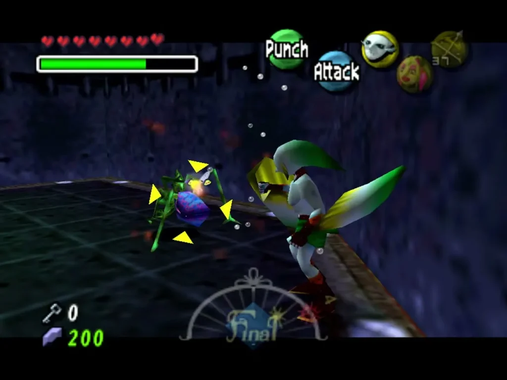 Zora Link faces a Bio Deku Baba, a blue-podded plant on green legs, on the Compass room ledge Zora Link faces a Bio Deku Baba, a blue-podded plant on green legs, on the Compass room ledge