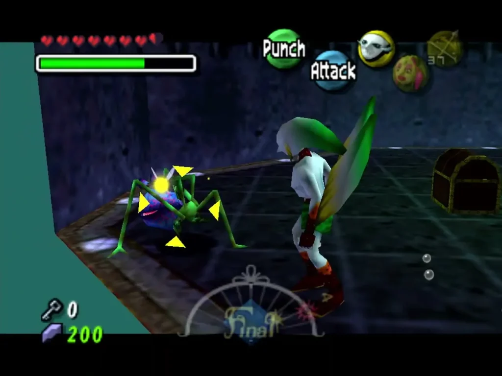 Zora Link locks on to a Bio Deku Baba beside the chest in the Compass room Zora Link locks on to a Bio Deku Baba beside the chest in the Compass room