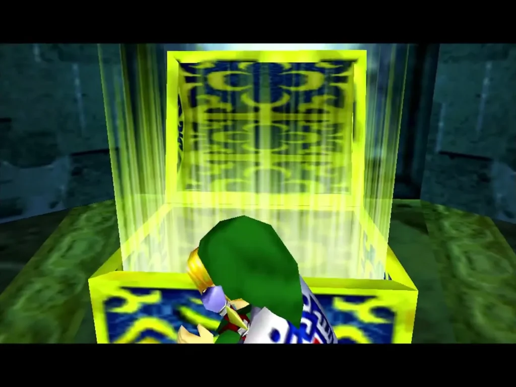 Link at a blue and gold chest with light beams rising around it Link at a blue and gold chest with light beams rising around it