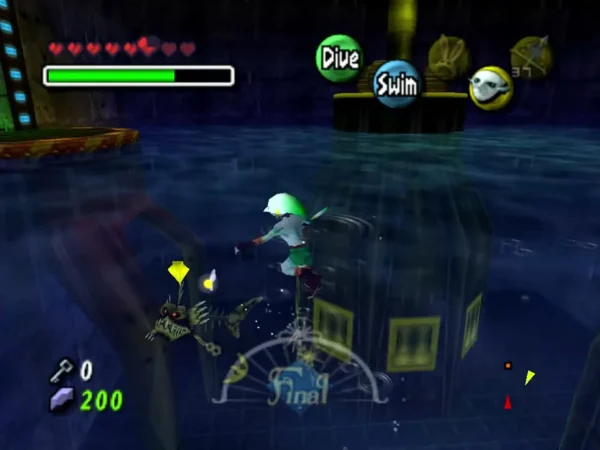A toothy Desbreko swims below Zora Link, who is locked on to it in the flooded room A toothy Desbreko swims below Zora Link, who is locked on to it in the flooded room
