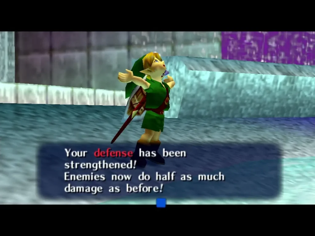Text box fully typed: defense strengthened, enemies now do half as much damage Text box fully typed: defense strengthened, enemies now do half as much damage
