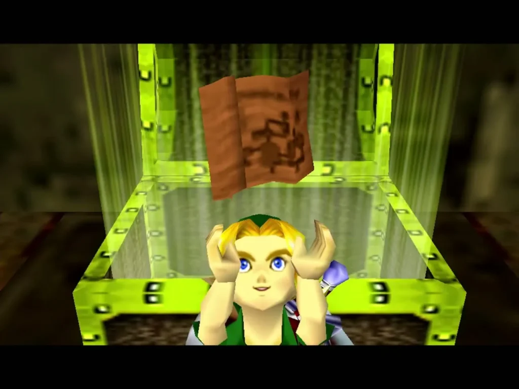 Link holds the Dungeon Map overhead while a box tells him to use the map button for other floors Link holds the Dungeon Map overhead while a box tells him to use the map button for other floors