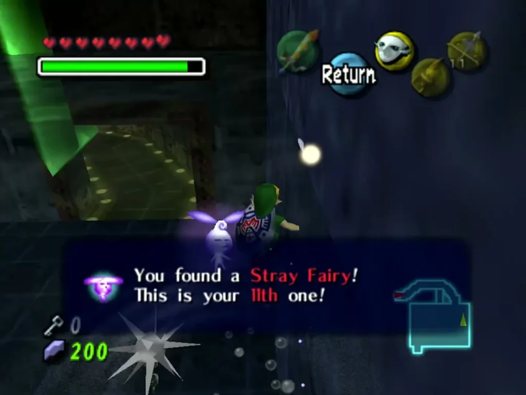 Notice box reporting the eleventh Stray Fairy as Link swims near spiked mines Notice box reporting the eleventh Stray Fairy as Link swims near spiked mines