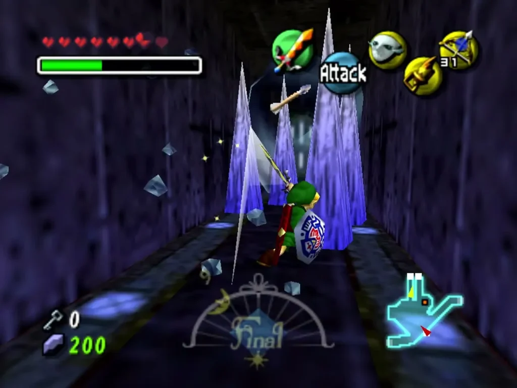 Link with sword drawn in an icicle-lined passage, an arrow flying toward the ice wall ahead Link with sword drawn in an icicle-lined passage, an arrow flying toward the ice wall ahead