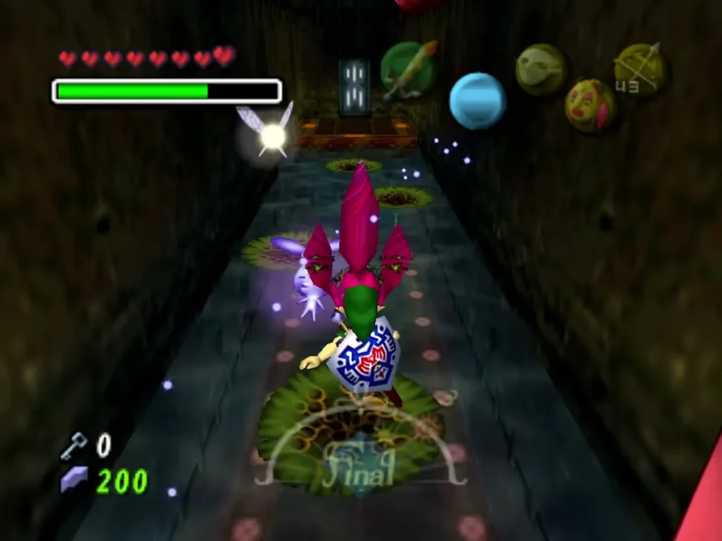 Link in the Great Fairy's Mask drawing a glowing Stray Fairy down a lily-pad hallway Link in the Great Fairy's Mask drawing a glowing Stray Fairy down a lily-pad hallway