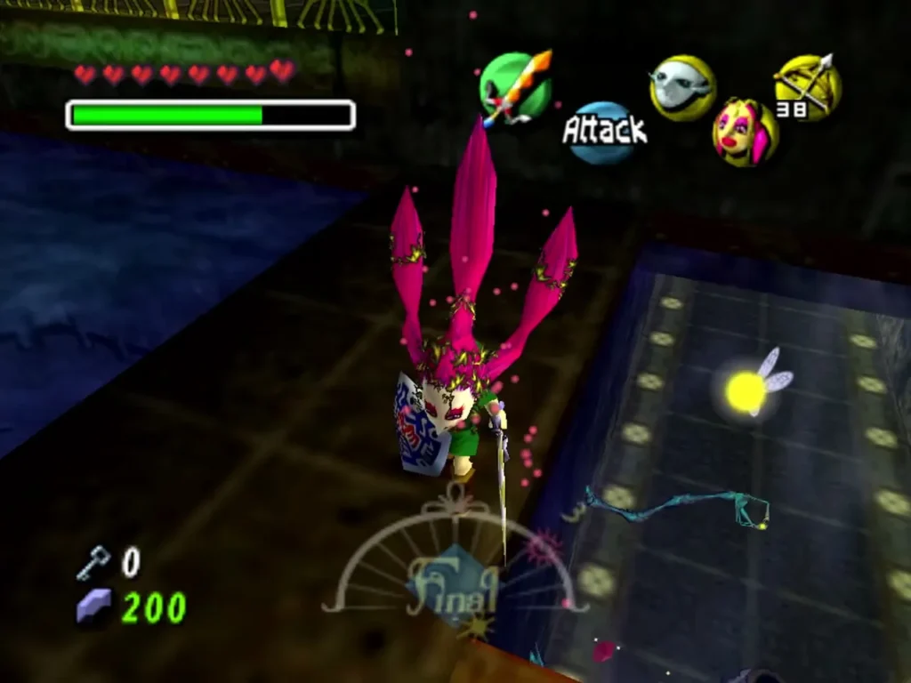 Link in the Great Fairy's Mask in a Great Bay Temple hall with a fairy glowing nearby Link in the Great Fairy's Mask in a Great Bay Temple hall with a fairy glowing nearby