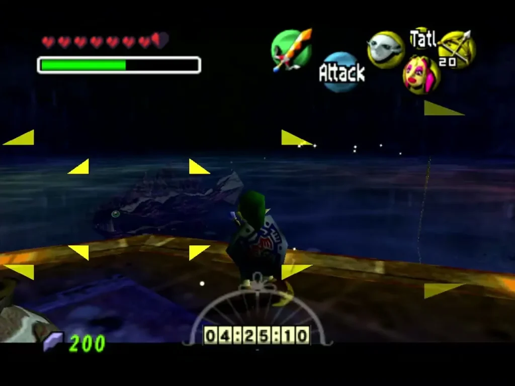 Link locks on to Gyorg, with yellow targeting arrows around the creature in the pool Link locks on to Gyorg, with yellow targeting arrows around the creature in the pool