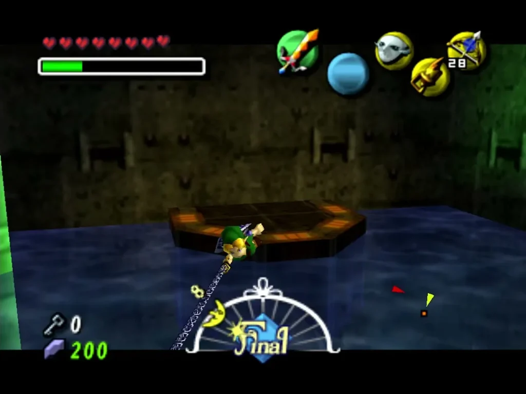 Link using the hookshot chain toward the octagonal platform in the dark water room Link using the hookshot chain toward the octagonal platform in the dark water room