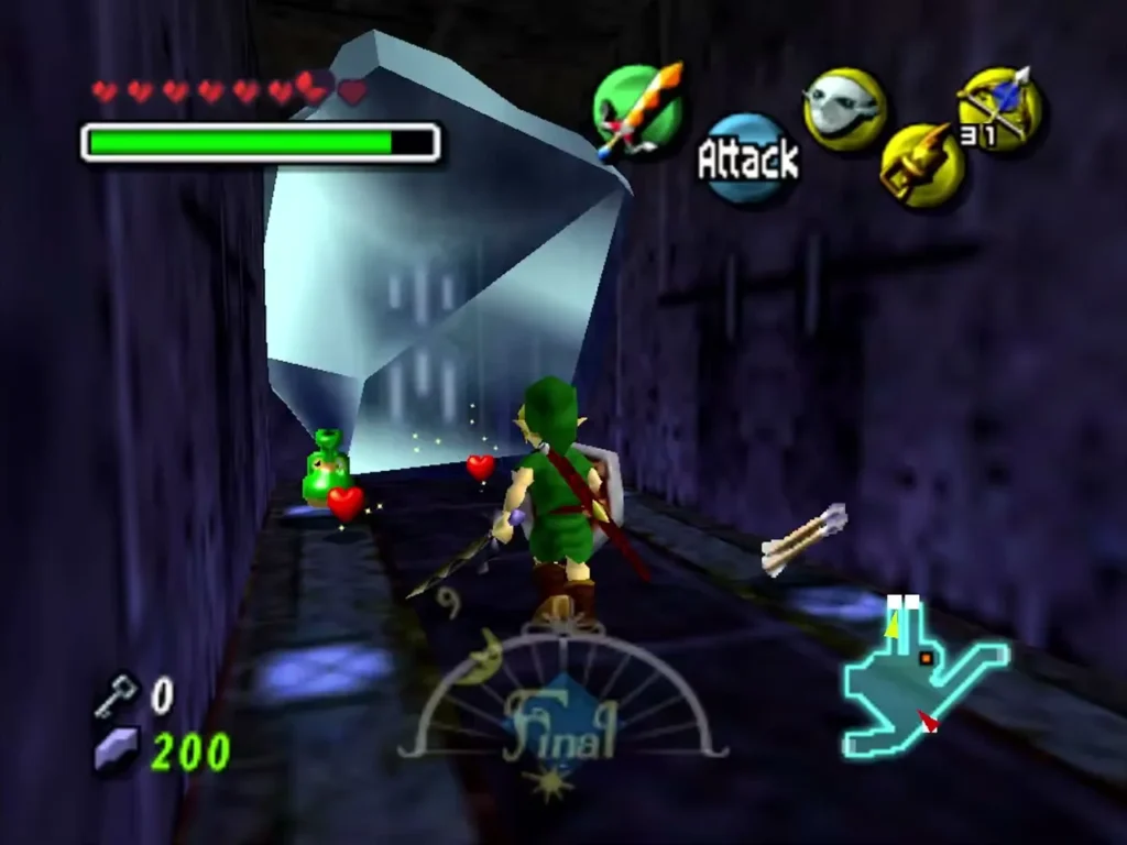 Link faces a large ice block at the end of the icicle passage, a heart and green pot nearby Link faces a large ice block at the end of the icicle passage, a heart and green pot nearby