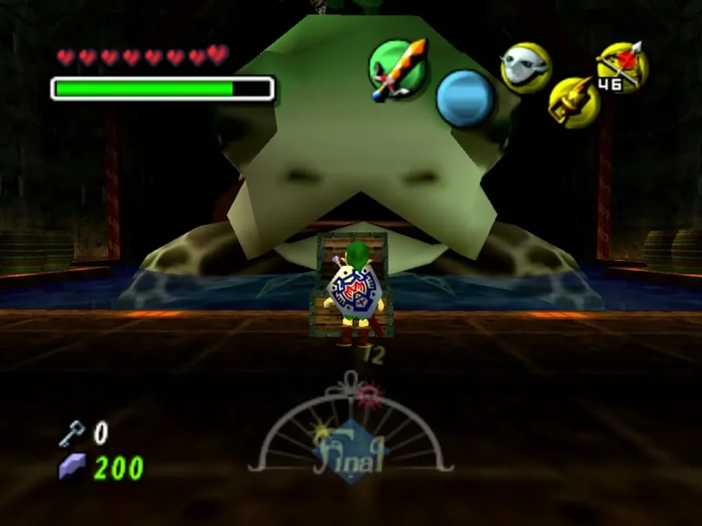 Link stands by a chest in the torch room under the green stone structure Link stands by a chest in the torch room under the green stone structure