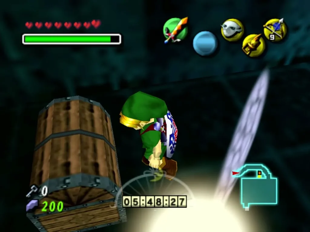 Link beside a large wooden barrel in the hidden area under the seesaw, light streaming down Link beside a large wooden barrel in the hidden area under the seesaw, light streaming down