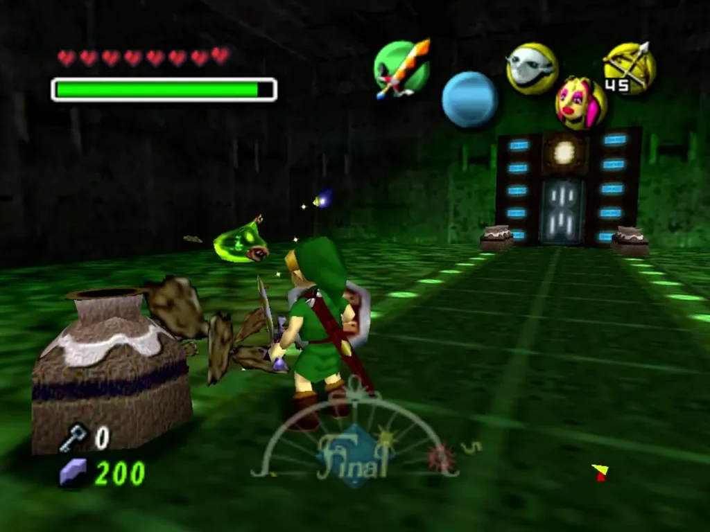 Link beside a smashed pot in a green tiled room, with pot pieces flying Link beside a smashed pot in a green tiled room, with pot pieces flying