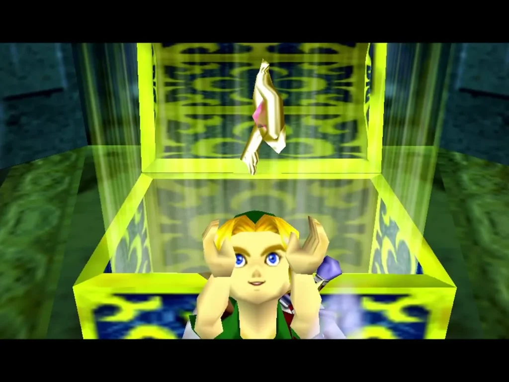 Link holding an item overhead in the light of a blue and gold chest Link holding an item overhead in the light of a blue and gold chest