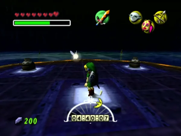 Link stands on a glowing platform in the Gyorg arena as the timer counts down Link stands on a glowing platform in the Gyorg arena as the timer counts down