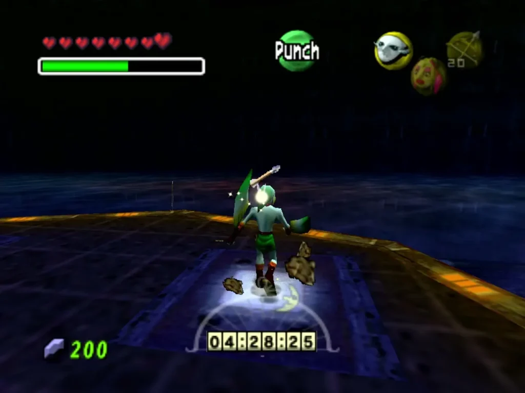 Zora Link raises his fin boomerang on the arena platform, Punch button showing Zora Link raises his fin boomerang on the arena platform, Punch button showing