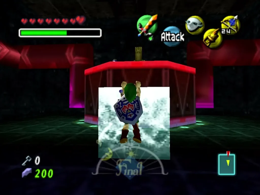 Link standing on a block of ice in the red-trimmed room beside the spigot Link standing on a block of ice in the red-trimmed room beside the spigot