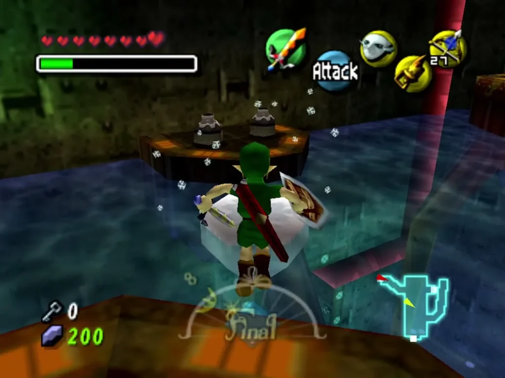 Link stands on a frozen ice block in the water beside a wooden platform Link stands on a frozen ice block in the water beside a wooden platform