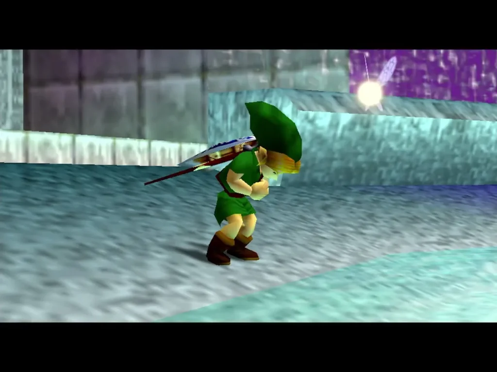 Link raises his arms in the fountain after the Great Fairy's blessing Link raises his arms in the fountain after the Great Fairy's blessing