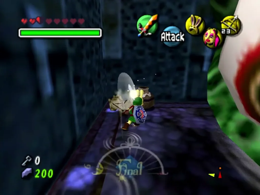 Link slashes a pot on a dark stone ledge, with 23 arrows in the quiver Link slashes a pot on a dark stone ledge, with 23 arrows in the quiver