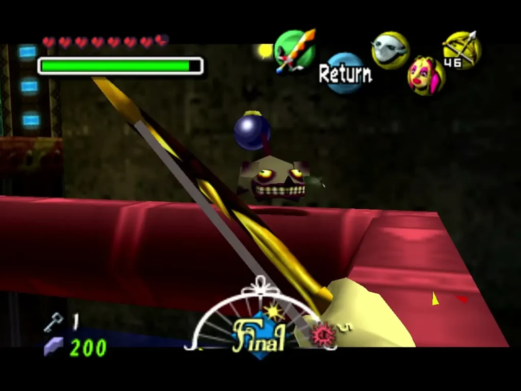Link striking at a Real Bombchu on the red pipe in the Great Bay Temple water room Link striking at a Real Bombchu on the red pipe in the Great Bay Temple water room