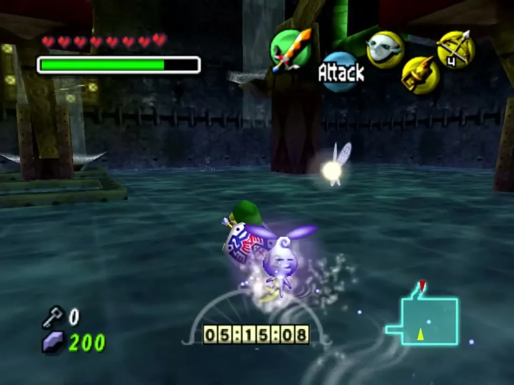 Link swims in a flooded passage of Great Bay Temple beside a glowing Stray Fairy Link swims in a flooded passage of Great Bay Temple beside a glowing Stray Fairy