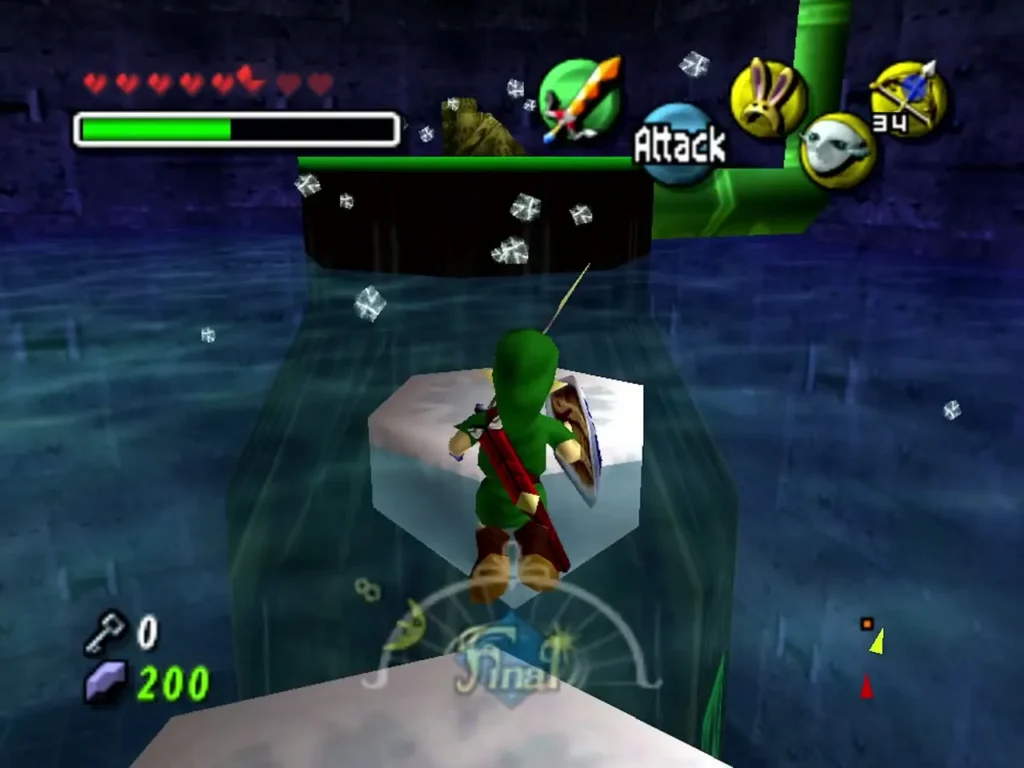 Link stands on the ice block over the blue pool after firing an Ice Arrow Link stands on the ice block over the blue pool after firing an Ice Arrow