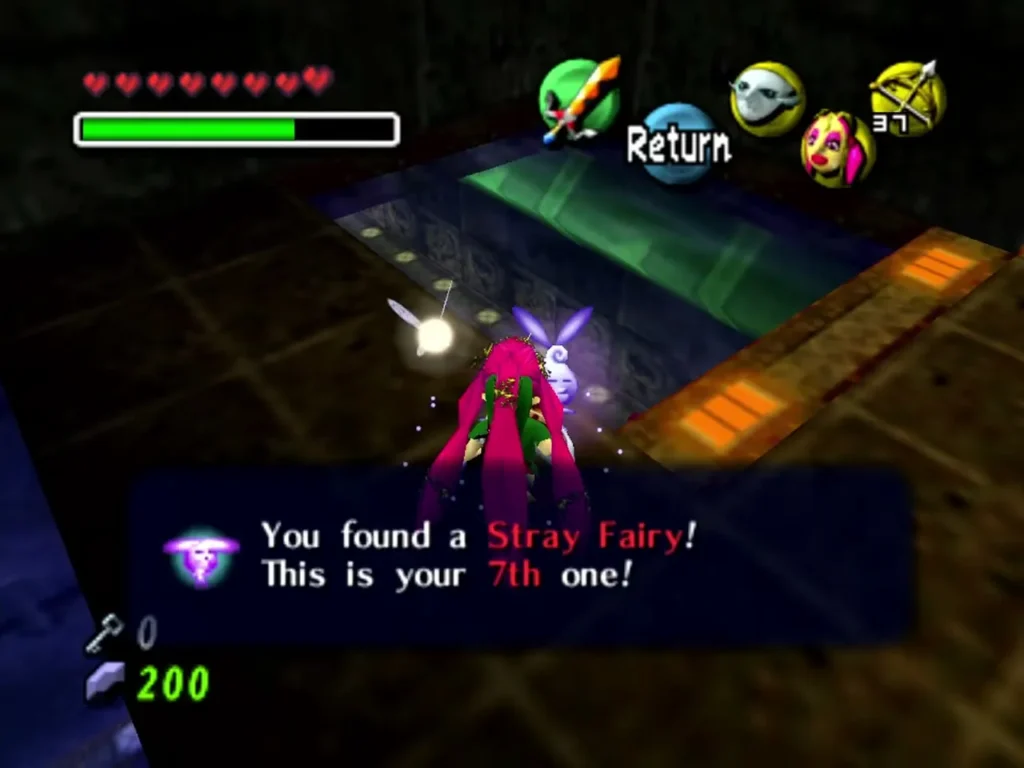 Notice box reporting the seventh Stray Fairy as Link wears the Great Fairy's Mask Notice box reporting the seventh Stray Fairy as Link wears the Great Fairy's Mask