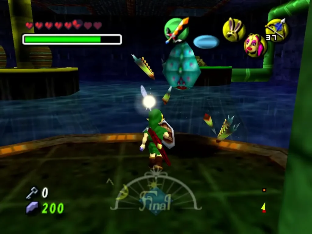 A Shell Blade rears up over the water while Link stands on the platform below A Shell Blade rears up over the water while Link stands on the platform below
