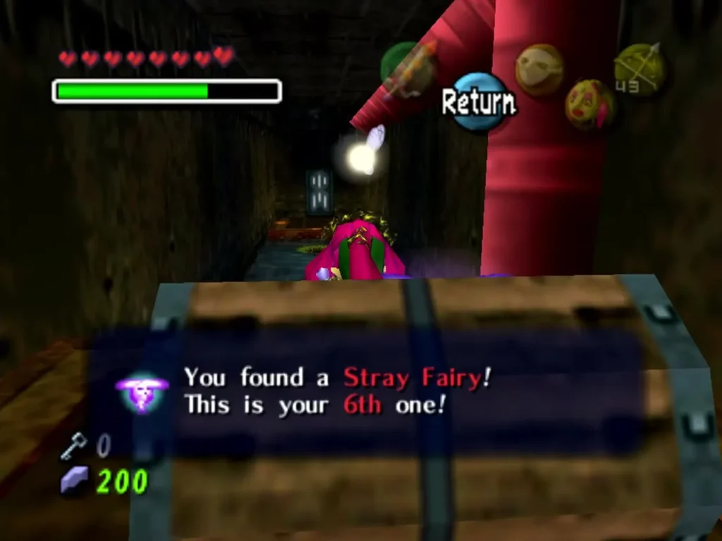 Notice box reporting the sixth Stray Fairy found beside a wooden crate in Great Bay Temple Notice box reporting the sixth Stray Fairy found beside a wooden crate in Great Bay Temple