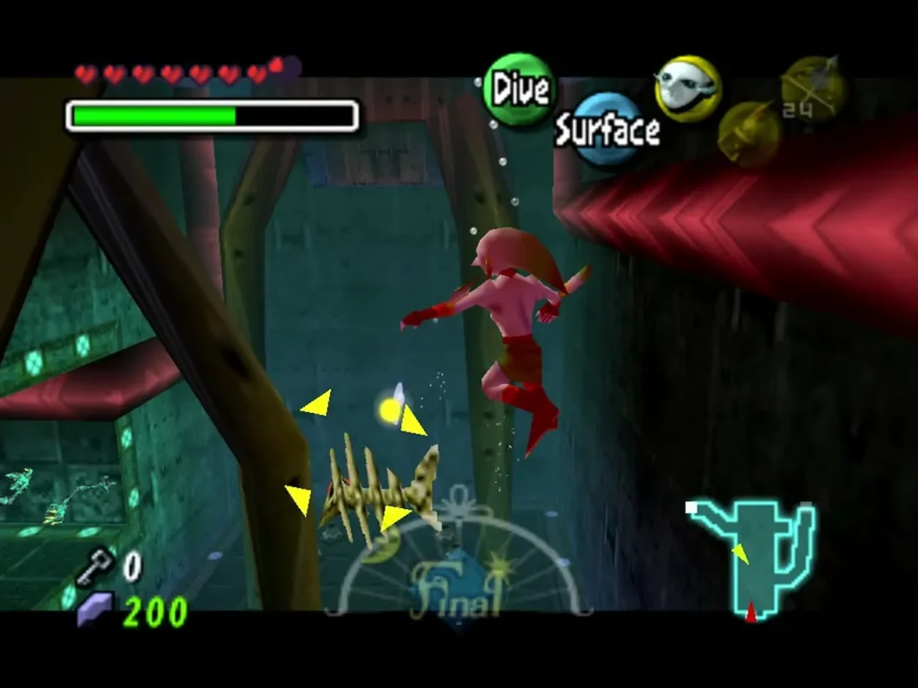 A Skullfish swims beneath Zora Link near a red pipe, marked with the targeting arrows A Skullfish swims beneath Zora Link near a red pipe, marked with the targeting arrows