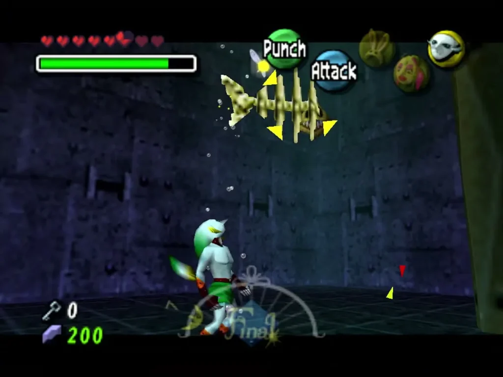 Zora Link targets a pale Skullfish drifting above him in the dark water Zora Link targets a pale Skullfish drifting above him in the dark water