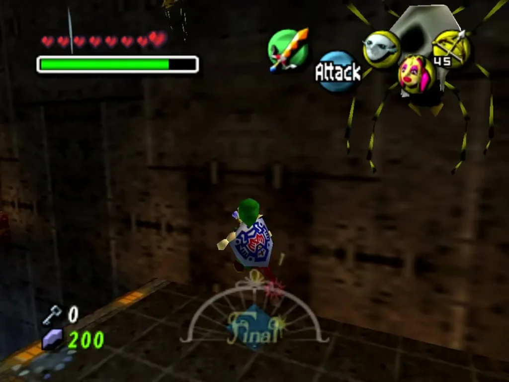 A Skulltula drops from the ceiling above Link on the ledge in the Waterwheel Room A Skulltula drops from the ceiling above Link on the ledge in the Waterwheel Room