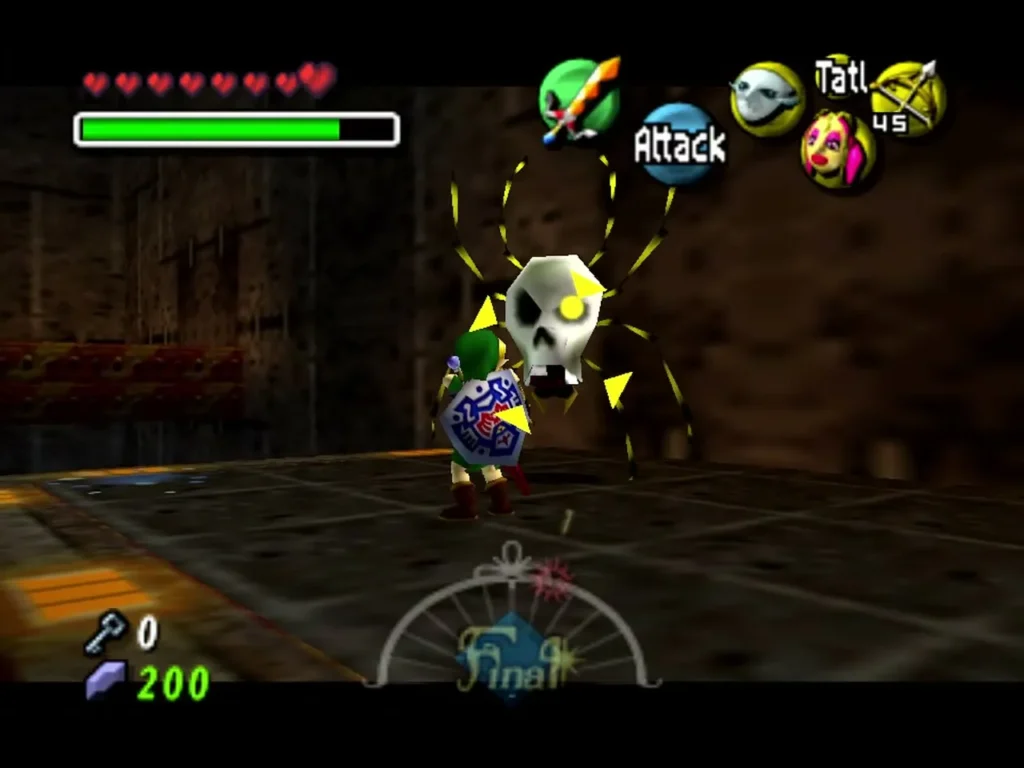 Link holds a lock on a Skulltula hanging in front of him on the ledge Link holds a lock on a Skulltula hanging in front of him on the ledge
