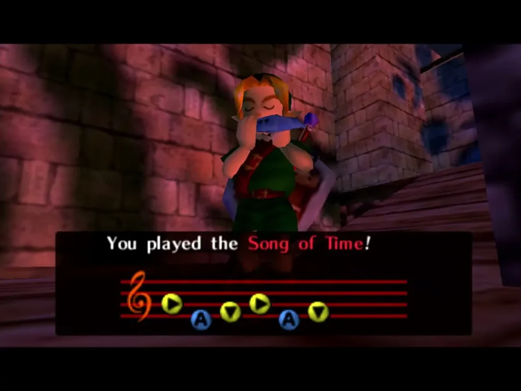 Link playing the Song of Time with its message on screen Link playing the Song of Time with its message on screen