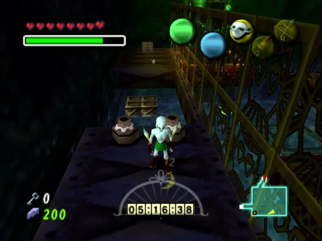 Zora Link on a stone walkway in the temple with the three-day clock counting down on the HUD Zora Link on a stone walkway in the temple with the three-day clock counting down on the HUD