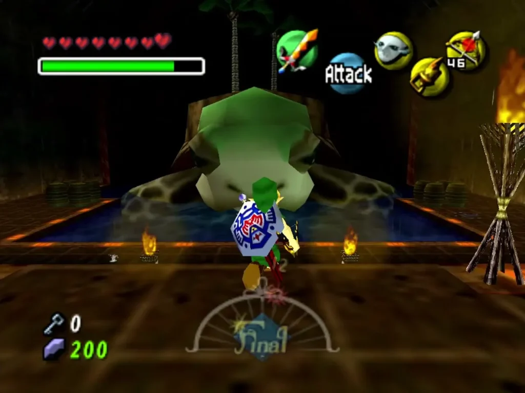 Link in the Great Bay Temple torch room with lit torches on the floor beside the water Link in the Great Bay Temple torch room with lit torches on the floor beside the water