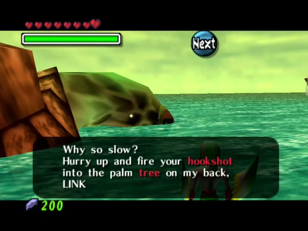 Giant turtle on Great Bay Coast telling Link to fire his hookshot at the palm tree Giant turtle on Great Bay Coast telling Link to fire his hookshot at the palm tree