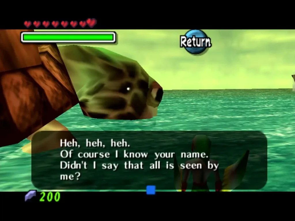 Giant turtle on Great Bay Coast speaking to Link in a dialogue box Giant turtle on Great Bay Coast speaking to Link in a dialogue box