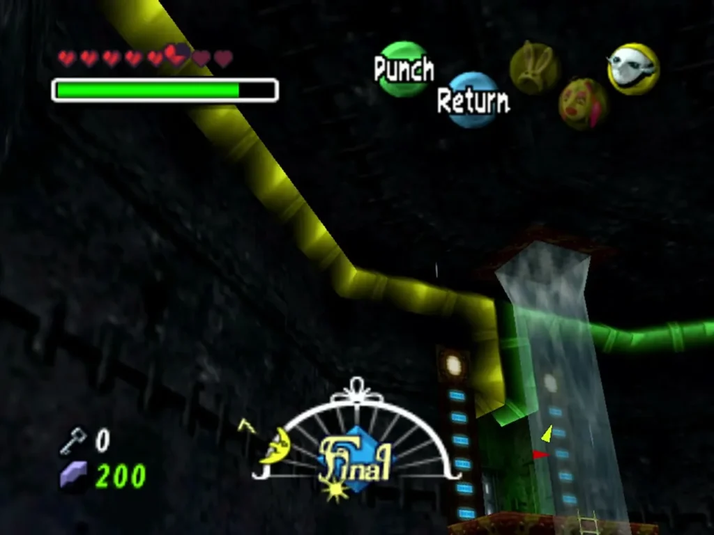 A waterfall column beside a yellow-green pipe on the far platform with a ladder behind it A waterfall column beside a yellow-green pipe on the far platform with a ladder behind it