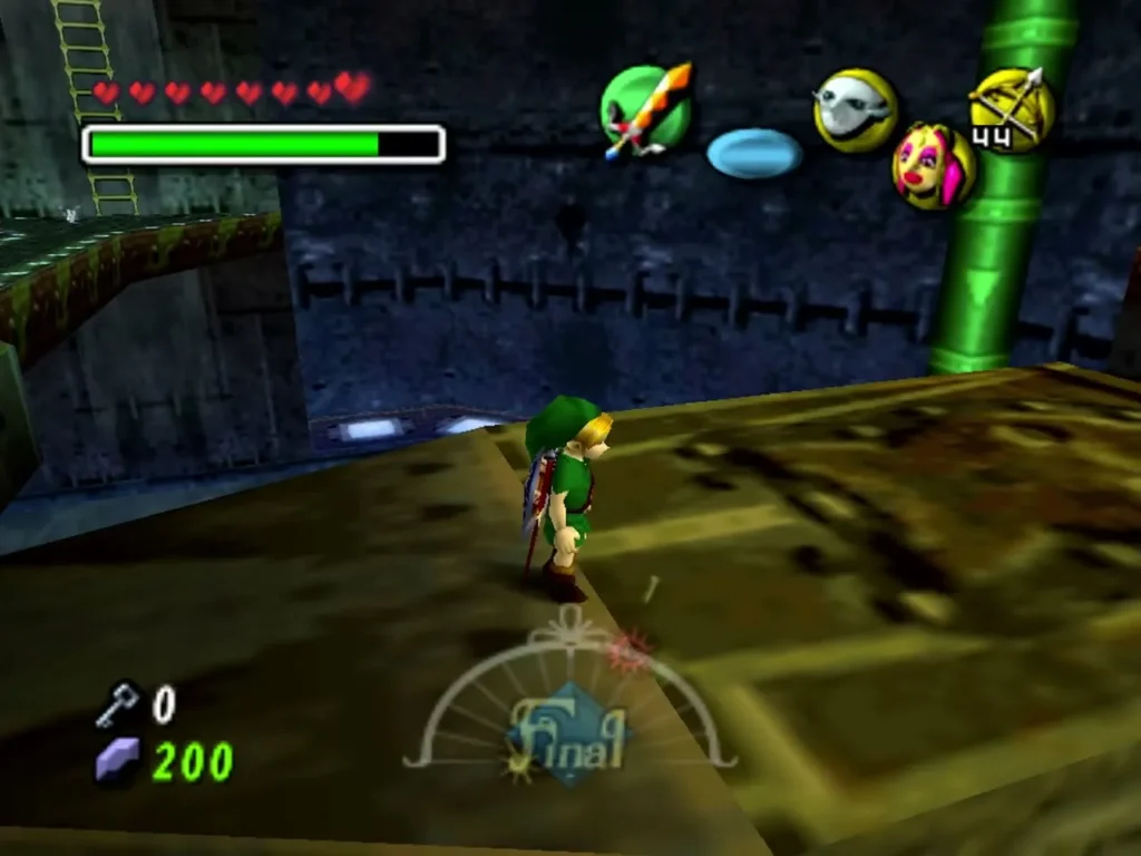 Link standing on a yellow platform in the Waterwheel Room beside a green pipe Link standing on a yellow platform in the Waterwheel Room beside a green pipe