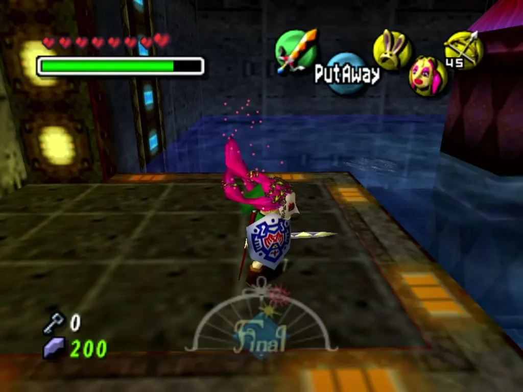 Zora Link throws a pink fin boomerang in the water under the entrance ledge of Great Bay Temple Zora Link throws a pink fin boomerang in the water under the entrance ledge of Great Bay Temple