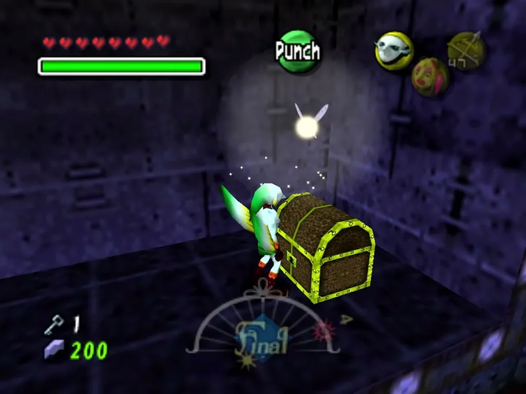 Zora Link opening the yellow chest on the lily pad ledge of Great Bay Temple Zora Link opening the yellow chest on the lily pad ledge of Great Bay Temple