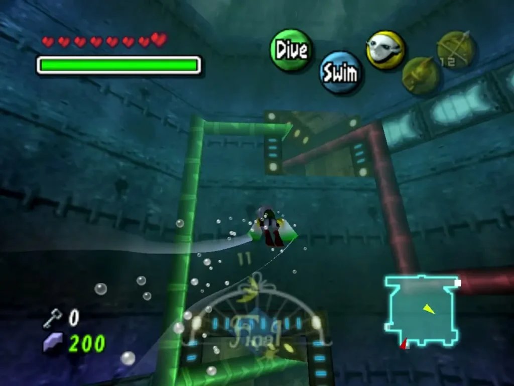 Zora Link swimming through the blue water past green pipes in Great Bay Temple Zora Link swimming through the blue water past green pipes in Great Bay Temple