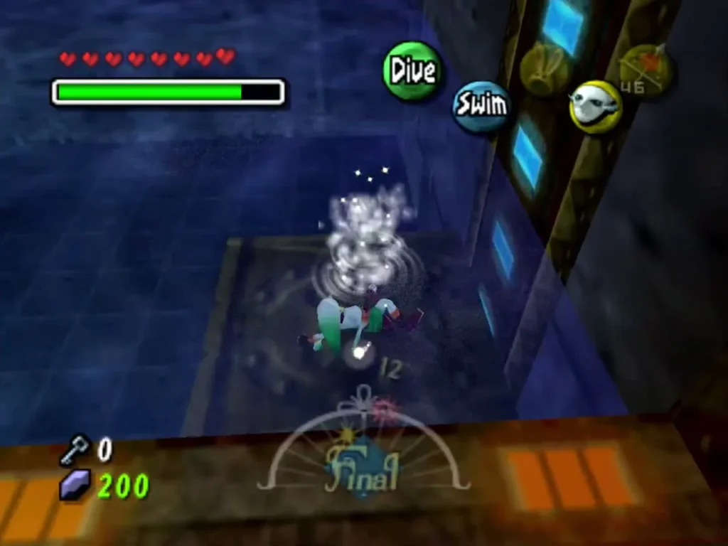 Link transforming into Zora form in the blue pool of Great Bay Temple Link transforming into Zora form in the blue pool of Great Bay Temple